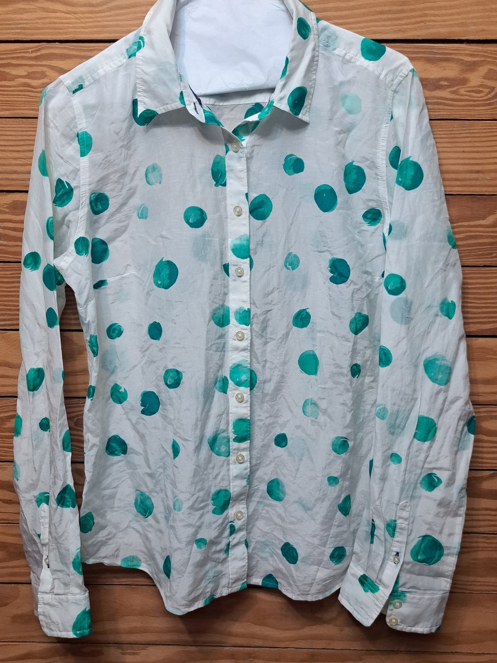 White Sheer Button-Up Shirt with Mint Green Polka Dots Sz M